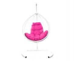 Подвесное кресло КАПЛЯ с ротангом белое, розовая подушка
