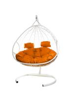 Подвесное кресло ДЛЯ ДВОИХ ЛЮКС с ротангом белое, оранжевая подушка